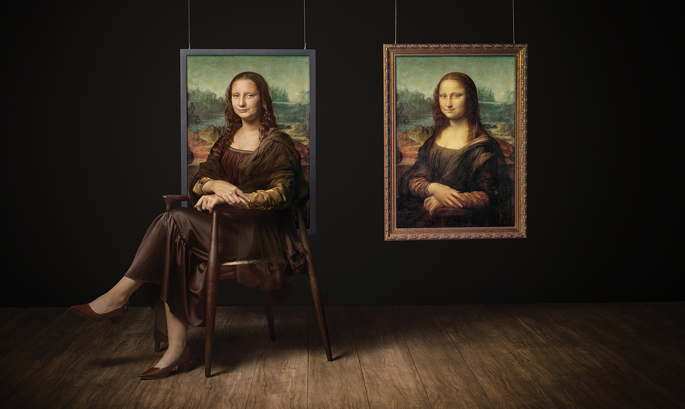 Campaign imagery of the Mona Lisa and a lookalike model